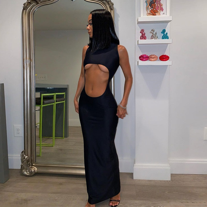 Voguable 2022 Sleeveless Solid Hollow Out Turtleneck Maxi Dress Autumn Winter Women Fashion Sexy Party Club Clothings voguable