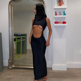 Voguable 2022 Sleeveless Solid Hollow Out Turtleneck Maxi Dress Autumn Winter Women Fashion Sexy Party Club Clothings voguable