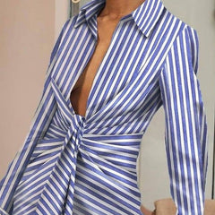 Women Elegant Turn-Down Collor Folds Party Dress Casual Striped Printed Ladies Shirt Dress Autumn Long Sleeve Slim Fitness Dress voguable