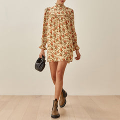 Spring Autumn Dresses For Women Elegant Floral Print Vintage Dress Half High Neck Long Sleeve Frill Trim Chiffon Mini Dress voguable