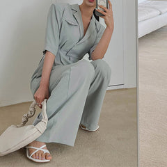 Summer Short Sleeve Jumpsuit Women High Waisted Straight Wide Leg Pant Overalls Office Lady Work Combinaison Femme Korean voguable