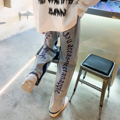 Voguable Jeans men's spring and autumn fashion brand hiphop high street burr straight pants loose hip hop dad pants streetwear denim voguable