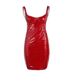 Summer Women PU Leather Bodycon Mini Dress Sexy Square Neck Backless Sleeveless Spaghetti Strap Bandage Slim Vestidos WDC9564 voguable