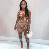 Voguable 2022 Long Sleeve Print See-Through Ruched Bodysuit Pencil Pants 2 Pieces Set Sexy Summer Women Streetwear Club Y2K voguable