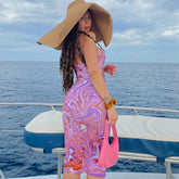 Women Summer Sleeveless Halter Hollow Out Printed Bodycon Package Hip Pencil Dress 2021 Female Clothing Streetwear voguable