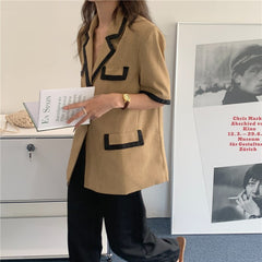 CHEERART Vintage Brown Short Sleeve Blazer Women Summer Designer Jackets Single Button Up Khaki Coat Suit Korean Fashion Clothes voguable