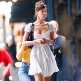 White embroidery lace uo dress women summer ruffle vinatge beach dress famale puff sleeve hollow out tulle dress voguable