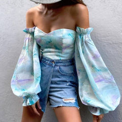 Voguable Elegant Floral Print Strapless Chiffon Shirt Fashion Women Off Shoulder Halter Sexy Blouse Shirt 2022 Summer Backeless Tops 3XL voguable