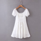White embroidery lace uo dress women summer ruffle vinatge beach dress famale puff sleeve hollow out tulle dress voguable