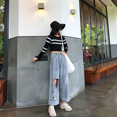 Voguable Woman Jeans Spring 2022 High Waist Ripped Jeans Big Size Fashion Women Clothes Wide Leg Denim hole Blue Streetwear Loose Pants voguable