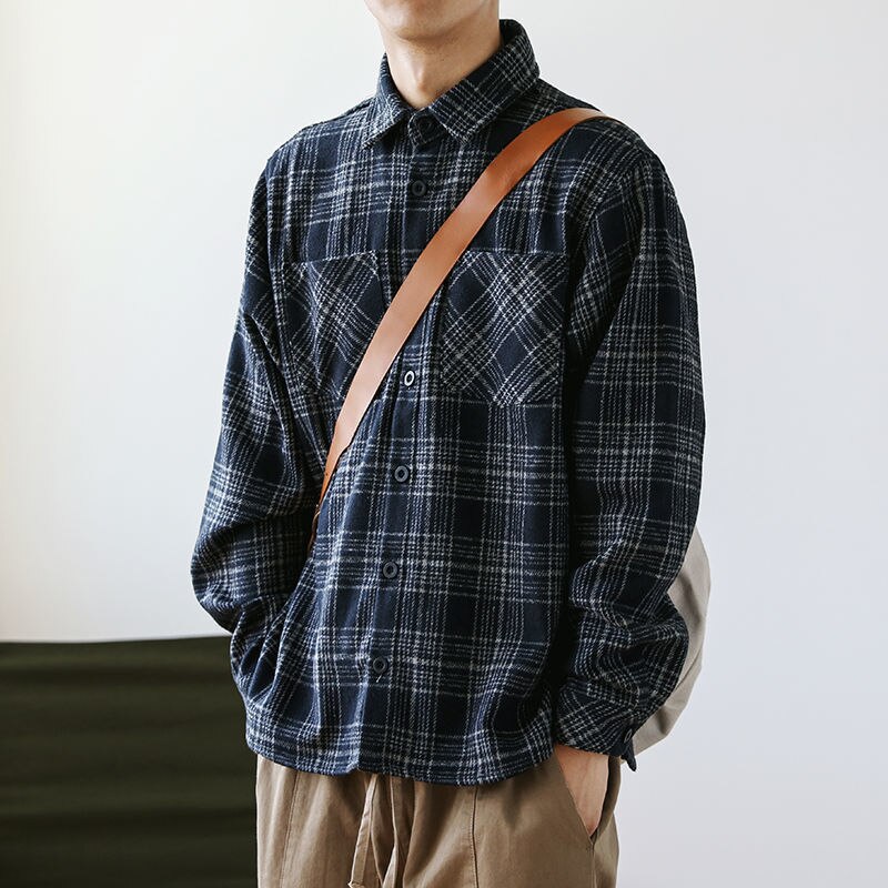 Voguable Japanese Fashion Retro Woolen Tooling Plaid Shirt for Men Cotton Turn-down Collar Buttons Long Sleeve Loose Casual Harajuku voguable