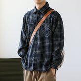 Voguable Japanese Fashion Retro Woolen Tooling Plaid Shirt for Men Cotton Turn-down Collar Buttons Long Sleeve Loose Casual Harajuku voguable