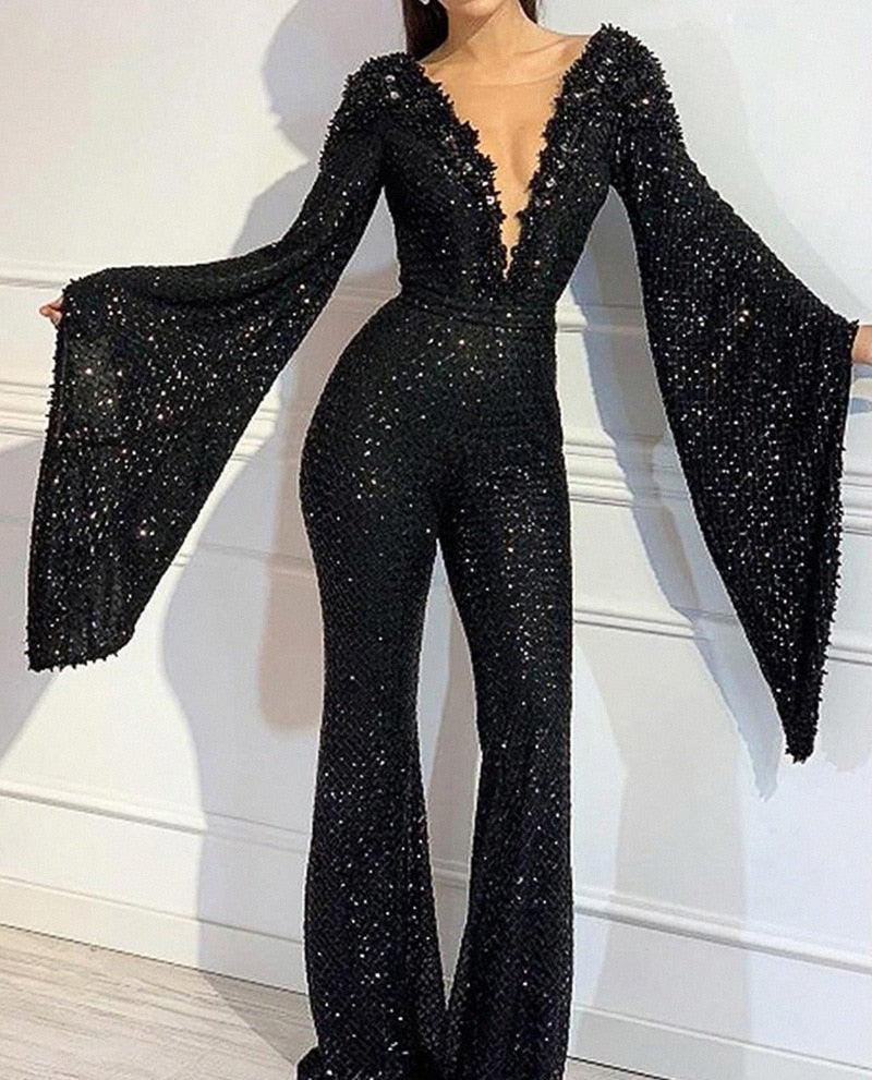 New Women Jumpsuit Sequin Elegant Casual Women's V-neck Bat-sleeved Top Black Solid Straight Fashion Long Jumpsuits voguable