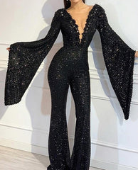 New Women Jumpsuit Sequin Elegant Casual Women's V-neck Bat-sleeved Top Black Solid Straight Fashion Long Jumpsuits voguable