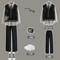 Voguable Preppy Women's Three-piece Suit Spring 2022 Autumn New Long-sleeved Plaid Shirt Knitted Sweater Vest Casual Wide-leg Pants voguable