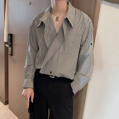 Menswear Korean Fashion Chic Striped Tops Men's New Loose Lapel Single Button Long Sleeve Casual Shirts Tide Autumn voguable