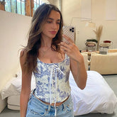 New Style Female Corset Crop Top Vintage Women Floral Print U-Neck Sleeveless Short Vest with Strap for Summer voguable