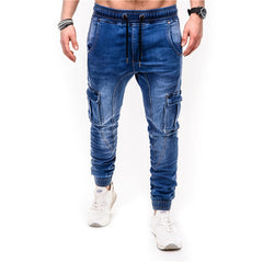 Voguable Blue Vintage Man Jeans Business Casual Classic Style Denim Male Cargo Pants More Pockets Frenum Ankle Banded Casual Pants S-3XL voguable