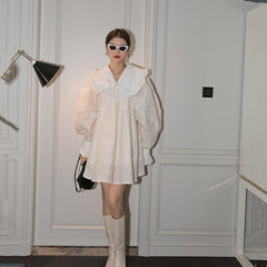 Spring Peter pan collar a-line above-knee length street wear lovely Princess style long sleeve white dress voguable