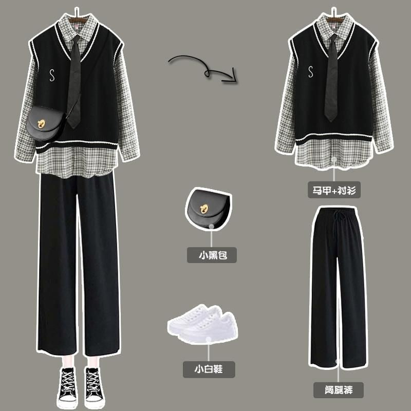 Voguable Preppy Women's Three-piece Suit Spring 2022 Autumn New Long-sleeved Plaid Shirt Knitted Sweater Vest Casual Wide-leg Pants voguable