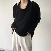 Autumn Personalized Fake Two-piece Double-layer Knitted Niche Men's Long Sleeve T-shirt Korean Loose Pullover Tops voguable