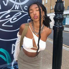 Voguable Women Pure Halter Single Shoulder Long Sleeve Bandage Drawstring Crop Top 2022 Fall Streetwear Outfit Fashion Y2K Party voguable