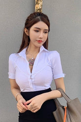 Voguable 2022 Fashion Sexy Women Short Sleeve Button Vest Casual White Tank Tops Blouses tight shirts turn-down collar voguable
