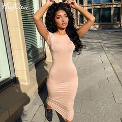 Voguable 2022 Short Sleeve O-Neck Solid Bodycon Dress Summer Sexy Women Streetwear Y2K Party Casual Club voguable