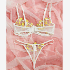 Voguable 2-Piece Floral Bra Set Women Transparent Bra Underwire + Thong Underwear Set Ladies Sexy Lingerie Set voguable