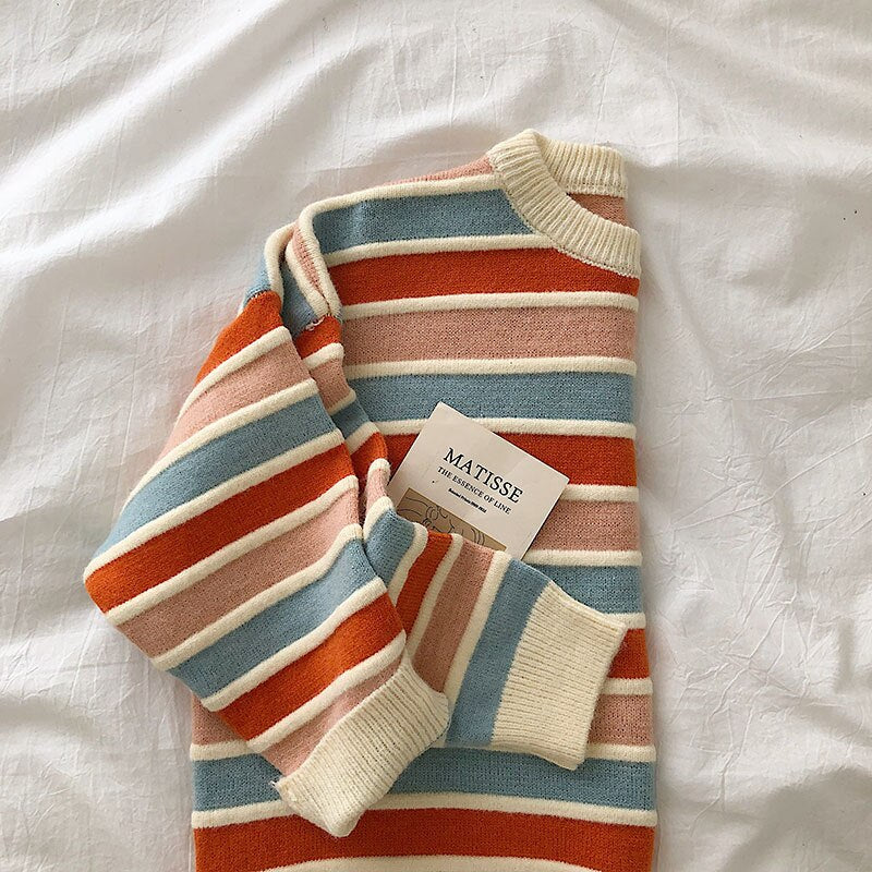 Voguable New Women Stripe Sweater Autumn Winter Loose Long Sleeve Pullover Tops Korean Ladies Knitted Patchwork Korean Sweaters voguable