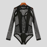 Voguable Men Bodysuits Mesh Patchwork See Through Pajamas O-neck Long Sleeve Rompers Underwear 2022 Skinny Sexy Bodysuit S-5XL voguable