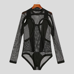 Voguable Men Bodysuits Mesh Patchwork See Through Pajamas O-neck Long Sleeve Rompers Underwear 2022 Skinny Sexy Bodysuit S-5XL voguable
