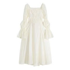 Voguable 2022 Autumn New Women's Dress French Vintage Sweet Style Hollow-Out Bow Lace-Up Square Collar Puff Sleeve Ladies Long Dresses voguable