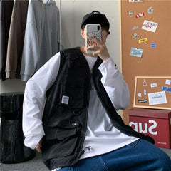 Vests Men Multi-pockets Chic Plus Size 3XL Tactic Teens Japanese Style Plus Velvet Chic Fashion Streetwear Jackets Hip-hop Coat voguable