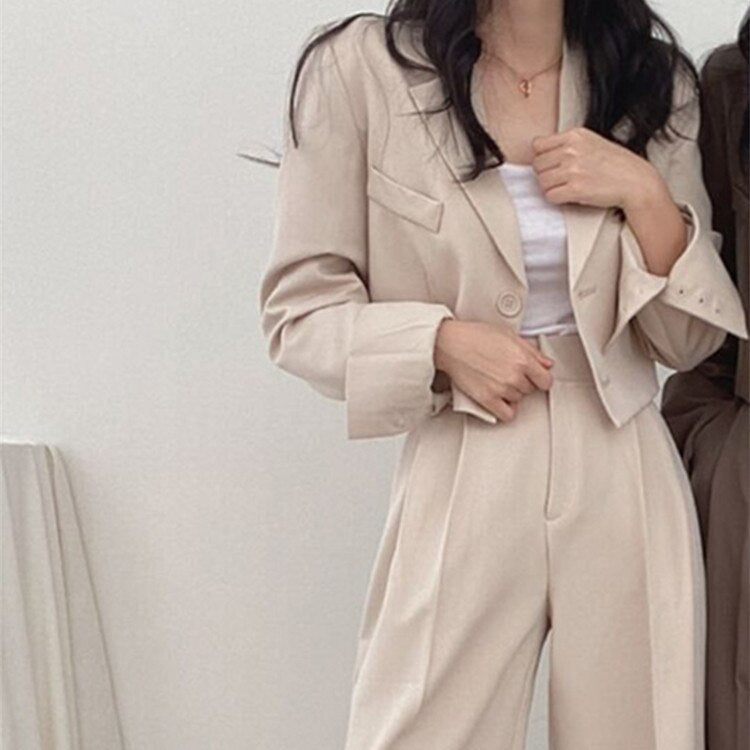 Korean Style Office Lady Blazer Sets Autumn Loose 2 Two Piece Set Women Long Sleeve Short Suit Coat + Straight Suit Pants Suits voguable