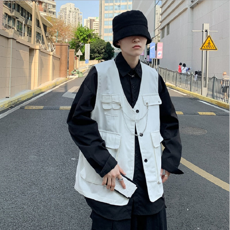 Mens Fashion Tooling Vest Men Streetwear Cargo Vest Hip Hop Sleeveless Jacket Gilet Military Multi-Pocket Outdoors Coat voguable