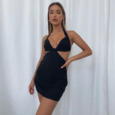 Sleeveless V-Neck Halter Bandage Sexy Slit Mini Dress Summer Women Fashion Streetwear Party Vacation Clothing voguable