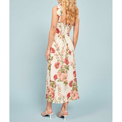 Summer Clothes For Women Boho Floral Print Beach Dress Sweetheart Neck Strap Tie Ruffle Hem Elegant Vintage Chiffon Midi Dress voguable