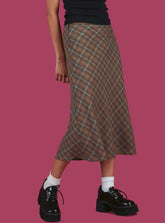 Summer Y2K E-Girls Streetwear Vintage 90s Plaid High Waist Brown Midi Skirts Indie Aesthetics Printing A-Line Long Skirt voguable