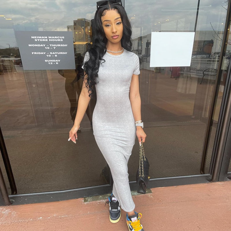 Voguable 2022 Short Sleeve O-Neck Solid Bodycon Dress Summer Sexy Women Streetwear Y2K Party Casual Club voguable