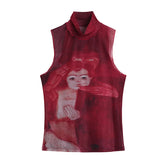 Voguable Tie Dye Mesh High Neck Hand Painted Printed Women Top 2022 Summer Fashion Sleeveless Slim T Shirt Lady Holiday Beach Style Tops voguable