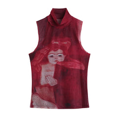 Voguable Tie Dye Mesh High Neck Hand Painted Printed Women Top 2022 Summer Fashion Sleeveless Slim T Shirt Lady Holiday Beach Style Tops voguable