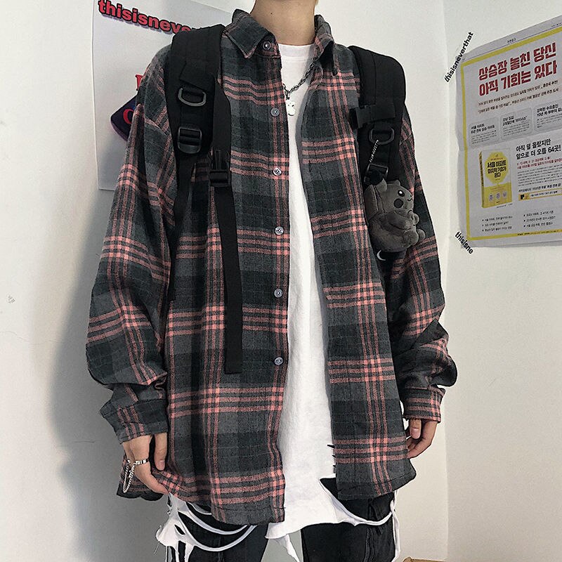 Voguable Korean Clothes Spring Plaid Shirt for Men Handsome Japanese Long Sleeve Harajuku Loose Casual Vintage Hip Hop Streetwear voguable