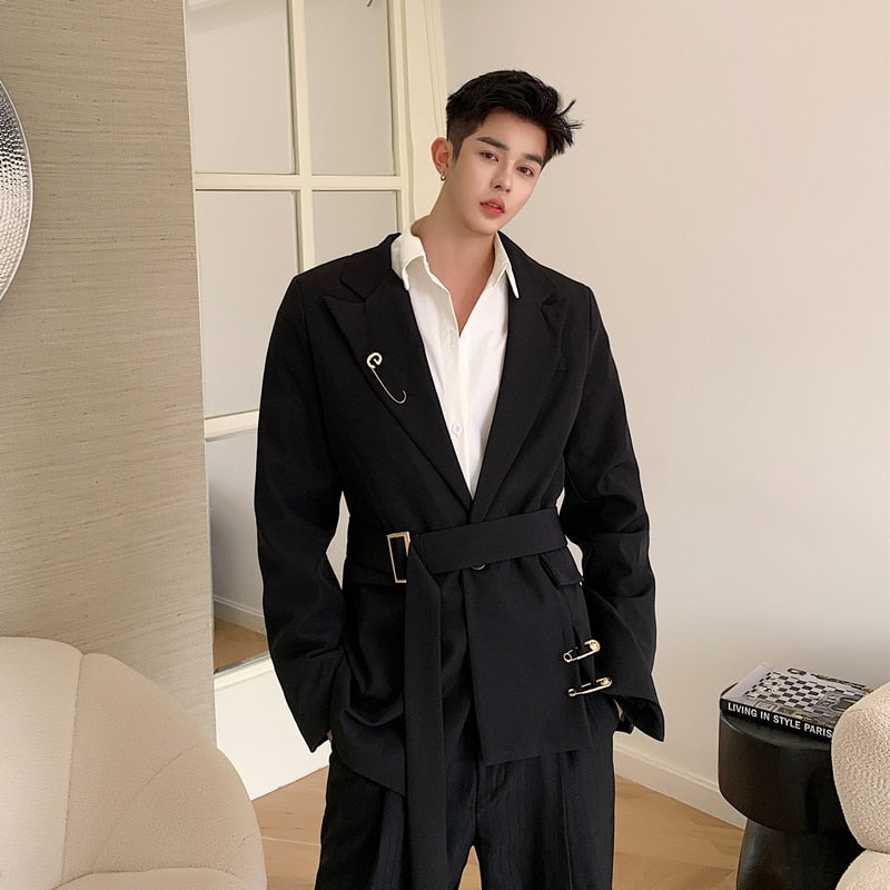 Voguable 2022 New Fashion Men's Boxy Suit Jacket with Belt Casual Slim Fit Blazer for Male Inspired Pin Korean Style Handsome Suits Coat voguable