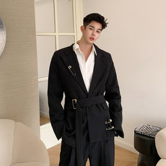 Voguable 2022 New Fashion Men's Boxy Suit Jacket with Belt Casual Slim Fit Blazer for Male Inspired Pin Korean Style Handsome Suits Coat voguable