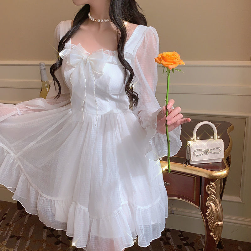 French Sweet Fairy Lolita Dress Women Long Sleeve Lace Y2k Mini Dress Vintage Kawaii Clothes One Piece Dress Korean 2022 Autumn spring voguable
