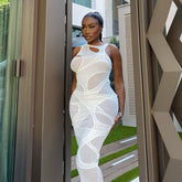 Sleeveless O-Neck Solid Patchwork Mesh Maxi Dress Autumn Winter Women Fashion Sexy Party Club Elegant Clthings voguable