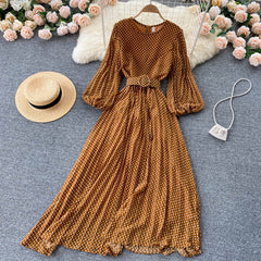 Autumn Women Brown/Purple/Yellow Polka Dot Chiffon Pleated Long Dress Vintage O-Neck Puff Sleeve Draped Vestidos Female New voguable