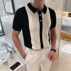 Voguable Vintage Patchwork Knit Slim Polo Shirts Men Fashion 2022 Summer Short Sleeve Polo Shirt Casual Lapel Button Tops Mens Streetwear voguable