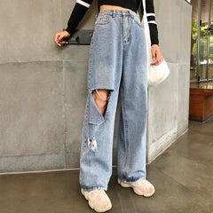 Voguable Woman Jeans Spring 2022 High Waist Ripped Jeans Big Size Fashion Women Clothes Wide Leg Denim hole Blue Streetwear Loose Pants voguable